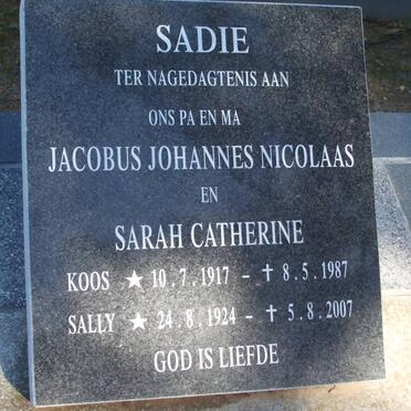SADIE Jacobus Johannes Nicolaas 1917-1987 &amp; Sarah Catherine 1924-2007