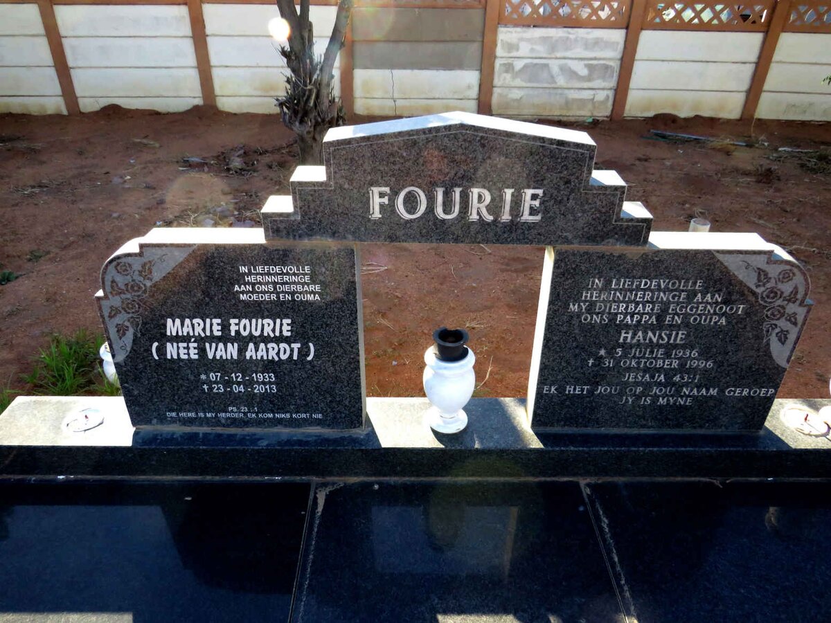 FOURIE Hansie 1936-1996 & Marie Fourie nee VAN AARDT 1933-2013 