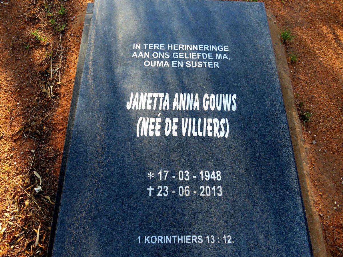 GOUWS Janetta Anna nee DE VILLIERS 1948-2013