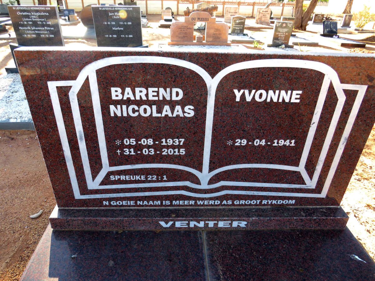 VENTER Barend Nicolaas 1937-2015 & Yvonne 1941-