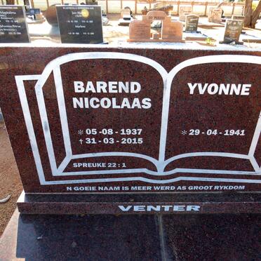 VENTER Barend Nicolaas 1937-2015 & Yvonne 1941-