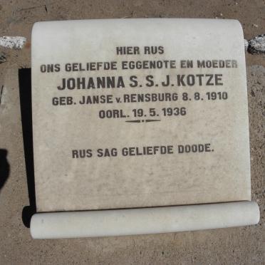 KOTZE Johanna S.S.J. nee JANSE V. RENSBURG 1910-1936