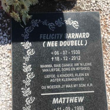 BARNARD Johannes Jacobus Liebenberg 1918-2000 &amp; Felicity DOUBELL 1930-2012 :: BARNARD Matthew 1998-2012