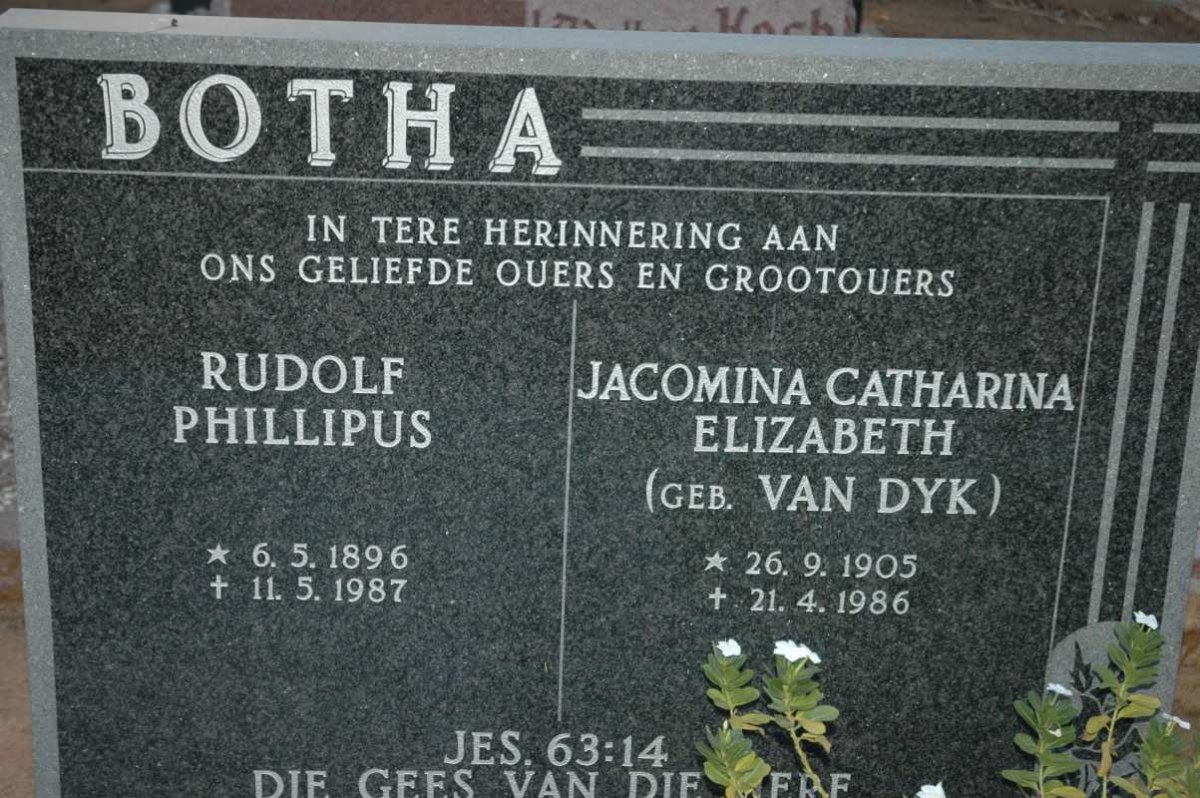 BOTHA Rudolf Phillipus 1896-1987 & Jacomina Catharina Elizabeth VAN DYK 1905-1986
