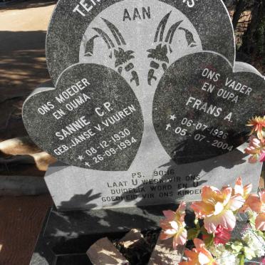 ? Frans A. 1926-2004 &amp; Sannie C.P. JANSE VAN VUUREN 1930-1994