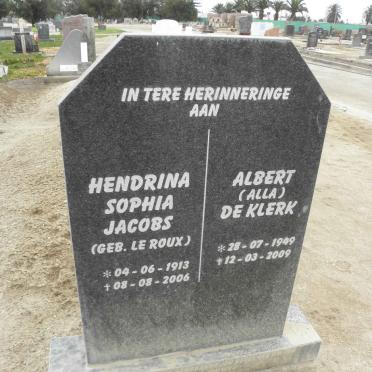 JACOBS Hendrina Sophia nee LE ROUX 1913-2006 :: DE KLERK Albert 1949-2009