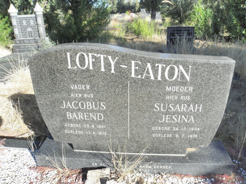 EATON Jacobus Barend, Lofty 1901-1975 & Susarah Jesina 1904-1978