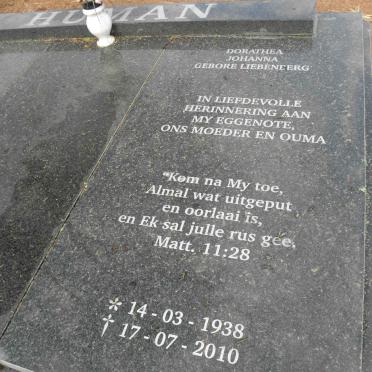 HUMAN Johannes Abraham 1935-1998 &amp; Dorathea Johanna LIEBENBERG 1938-2010