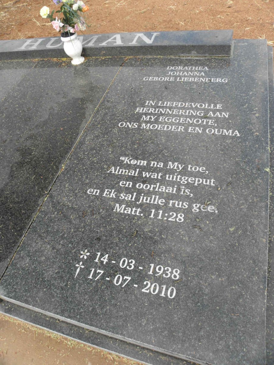 HUMAN Johannes Abraham 1935-1998 & Dorathea Johanna LIEBENBERG 1938-2010